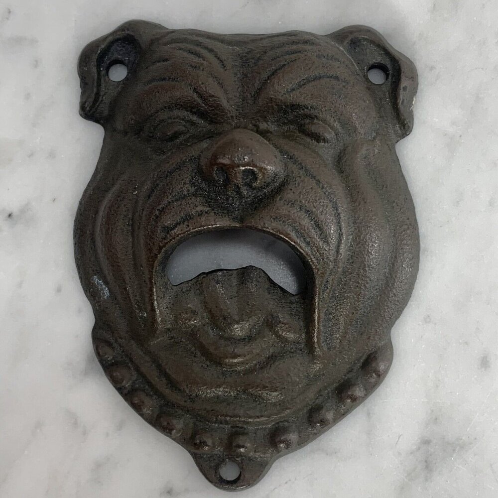 Pottery Barn BULLDOG Bottle Opener 4" Cast Iron Wall Mount Beer Opener Dawg EUC